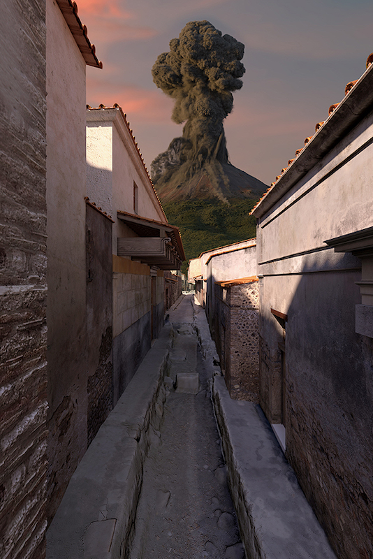 Pompéi : Reconstitution rue avec vue volcan © GEDEON Programmes